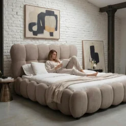 Pack Lit-coffre design boule Bilbola + Matelas Bedream 160x200cm Velours Taupe