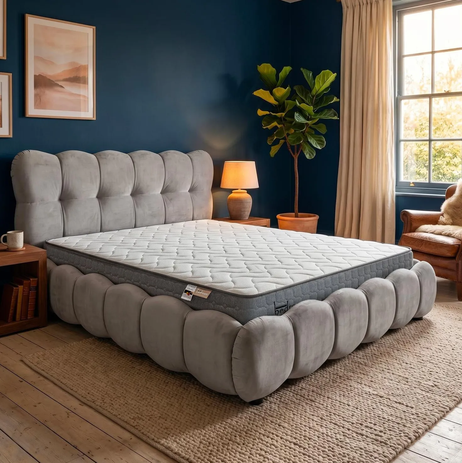 Pack Lit-coffre design boule Bilbola + Matelas Bedream 180x200cm Velours Gris