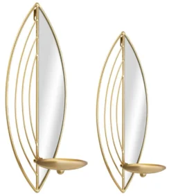 Paire de porte-bougies muraux en métal avec miroir motif feuille