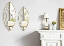 Paire de porte-bougies muraux en métal avec miroir motif feuille