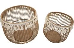 Paniers ronds en rotin marron finition tissu naturel