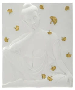 Panneau mural décoratif Bouddha résine 3D blanc et feuilles dorées