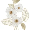 Panneau mural décoratif 3D en métal doré et blanc fleurs et feuilles