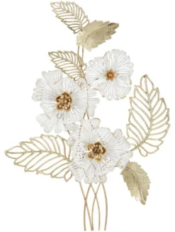 Panneau mural décoratif 3D en métal doré et blanc fleurs et feuilles