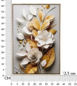 Peinture murale avec cadre bois et métal doré Fleurs et Feuilles