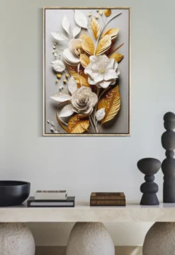 Peinture murale avec cadre bois et métal doré Fleurs et Feuilles