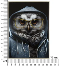 Peinture sur toile Chouette lunettes dorées cadre en bois et métal argenté