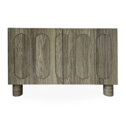 Petit buffet rétro-moderne avec portes sculptées Durand L80cm Chêne grisé