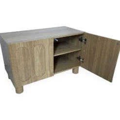 Petit buffet rétro-moderne avec portes sculptées Durand L80cm Chêne grisé