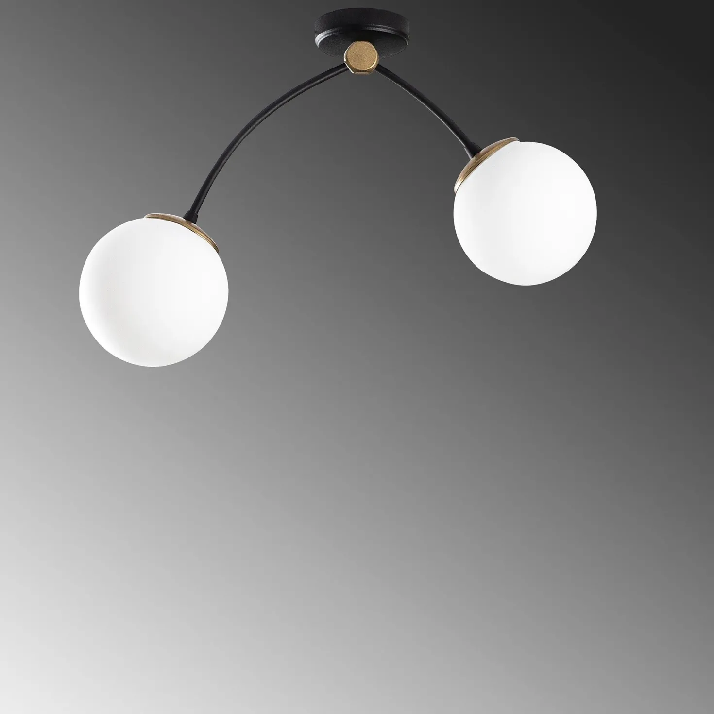 Plafonnier 2 lampes arcs asymétriques Gabilan Verre Blanc et Métal Noir et Or