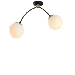 Plafonnier 2 lampes arcs asymétriques Gabilan Verre Blanc et Métal Noir et Or