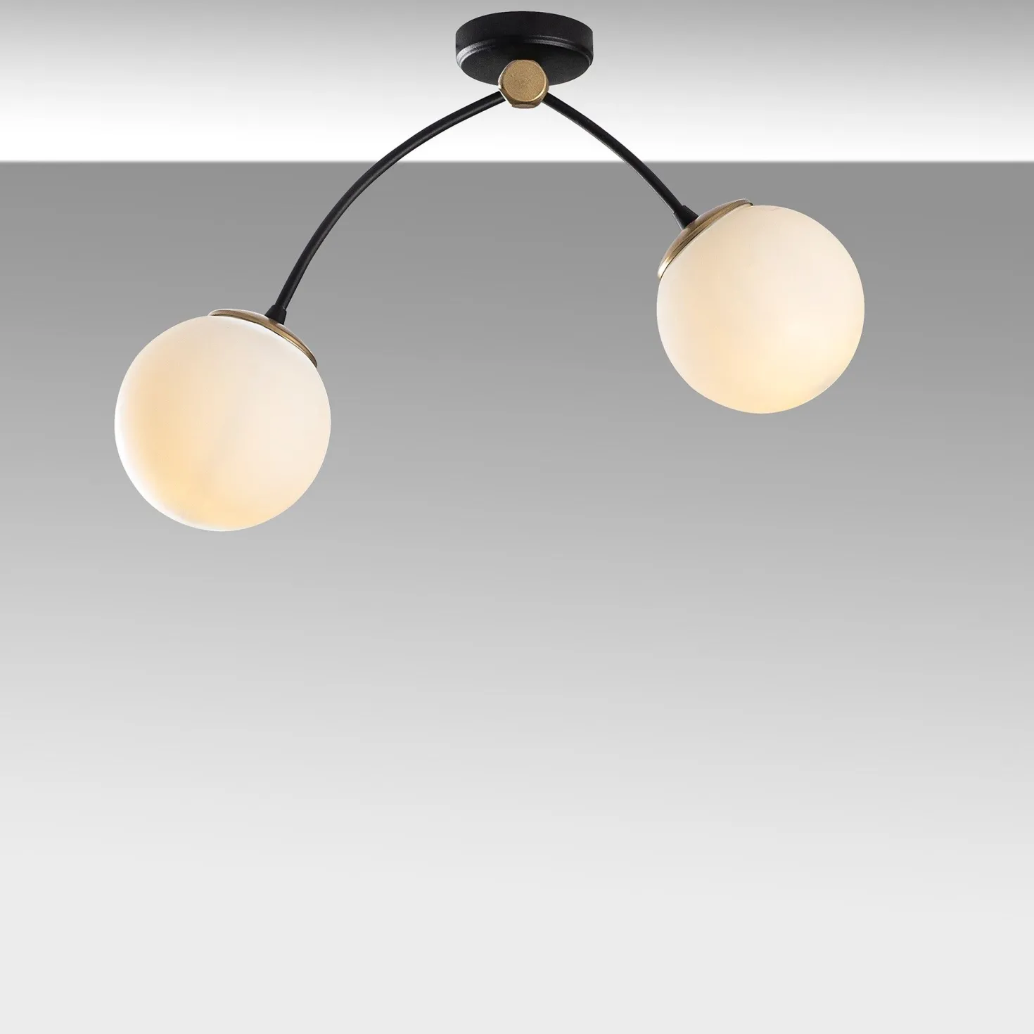 Plafonnier 2 lampes arcs asymétriques Gabilan Verre Blanc et Métal Noir et Or