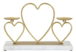 Porte-bougie en métal doré et marbre blanc design cœurs