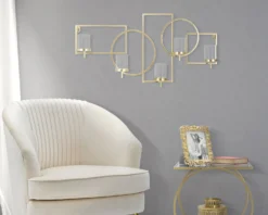 Porte-bougie mural géométrique en métal doré et verre transparent 5 lumières