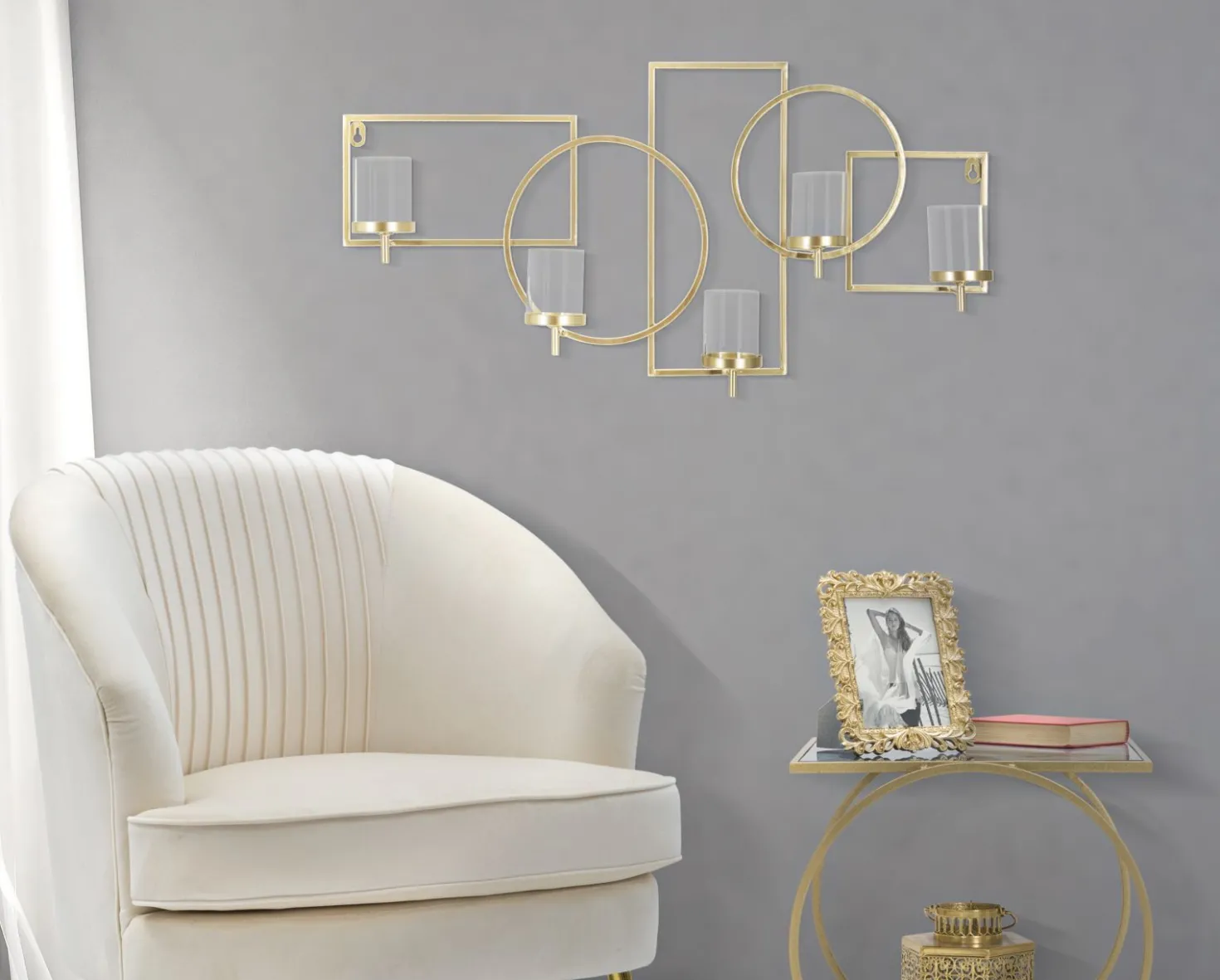 Porte-bougie mural géométrique en métal doré et verre transparent 5 lumières