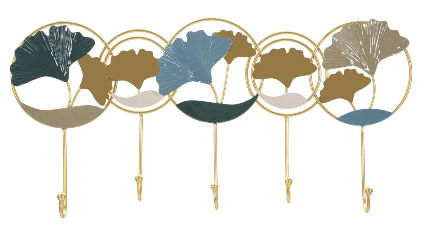 Porte-manteau mural métal doré décoratif ginkgo bleu et argenté