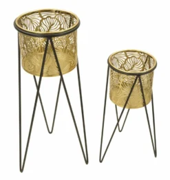 Porte-vase ensemble 2 pièces métal doré et support métal noir