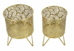 Porte-vase set de 2 en métal doré décoré de feuilles