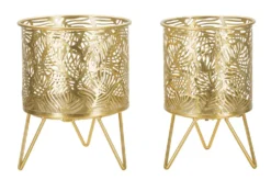 Porte-vase set de 2 en métal doré décoré de feuilles