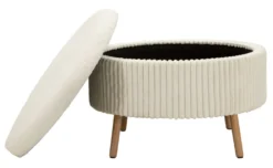 Pouf rond Gothenburg Tissu bouclette Crème pieds Bois Clair