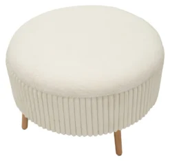 Pouf rond Gothenburg Tissu bouclette Crème pieds Bois Clair
