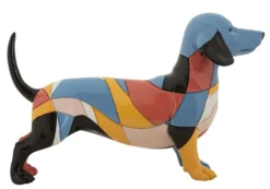 Sculpture chien teckel animée en polyrésine couleurs vives