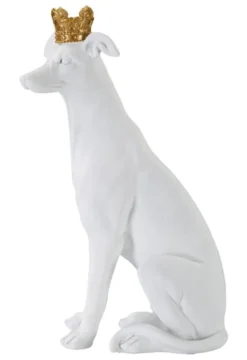 Statue de chien assis Blanc finition polyrésine couronne Dorée