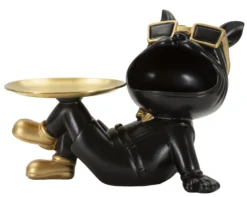 Statuette chien en polyrésine et métal noir avec plateau doré