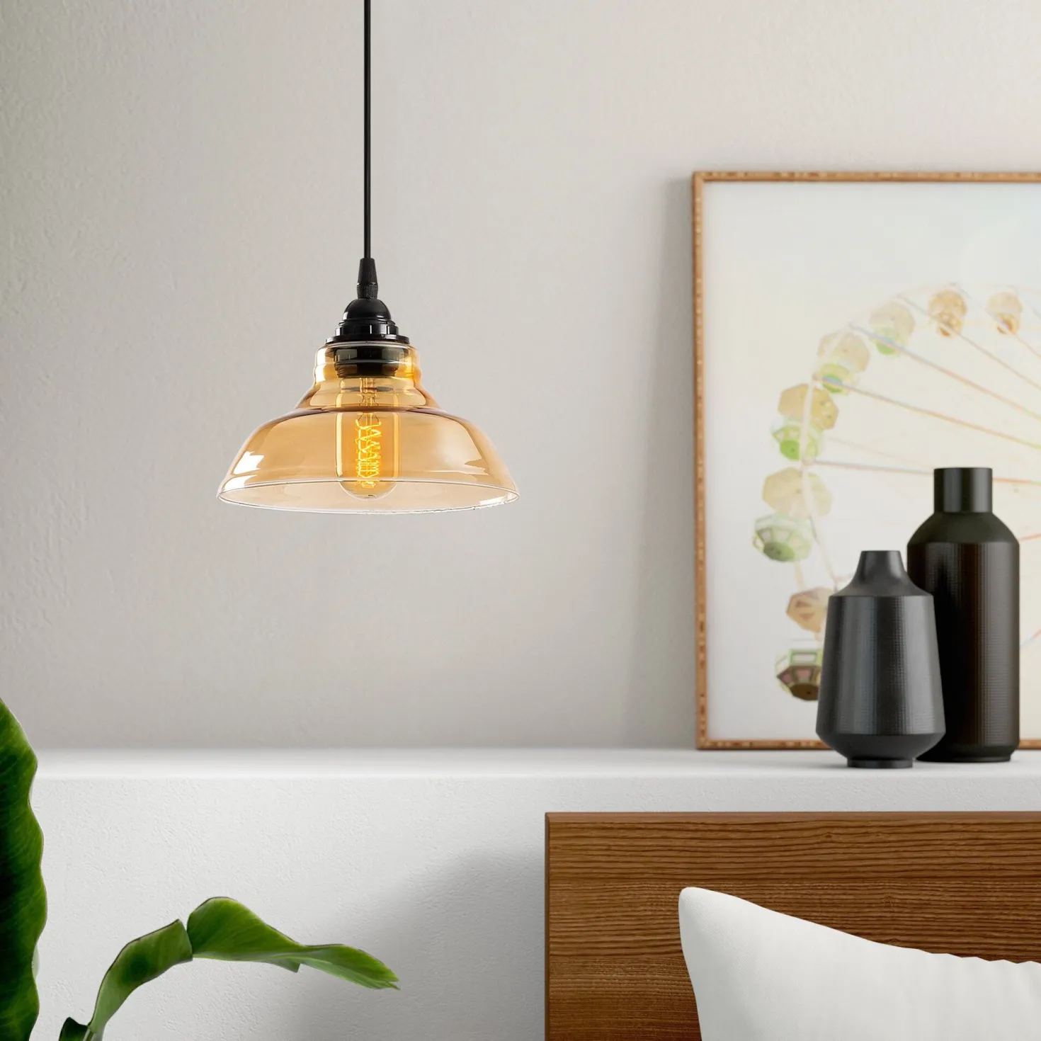 Suspension dôme Salerno D20cm Métal Noir et Verre Ambré foncé