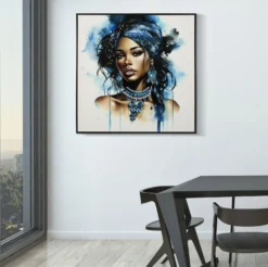 Tableau Altea cadre en bois massif et métal décor femme turban bleu