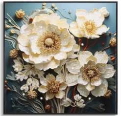 Tableau mural Laquared fleurs Blanches cadre bois massif et métal Noir
