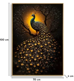 Tableau Paon Laqué sur Toile avec Cadre Doré