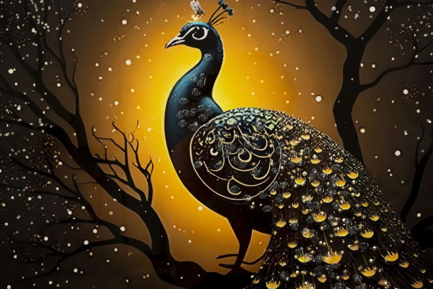 Tableau Paon Laqué sur Toile avec Cadre Doré