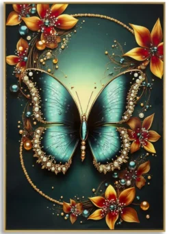 Tableau Papillon Turquoise avec Fleurs Lumineuses