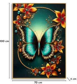 Tableau Papillon Turquoise avec Fleurs Lumineuses