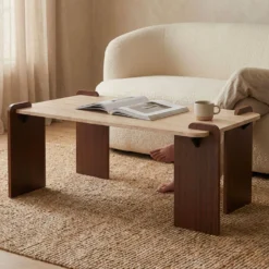 Table basse au design Art Déco Cezanne 60x120cm Effet travertin Beige et Bois foncé