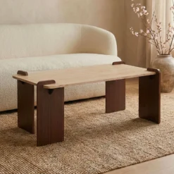 Table basse au design Art Déco Cezanne 60x120cm Effet travertin Beige et Bois foncé