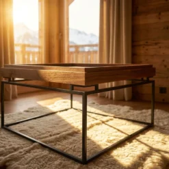 Table basse carrée avec plateau compartimenté réversible 80x80cm Duplix Bois Noisette