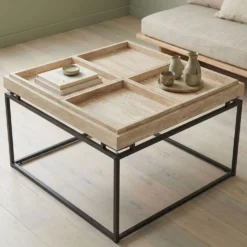 Table basse carrée avec plateau compartimenté réversible 80x80cm Duplix Effet Travertin Beige