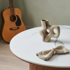 Table basse moderne ronde 80cm Eglantine Bois et Céramique Effet marbre Blanc