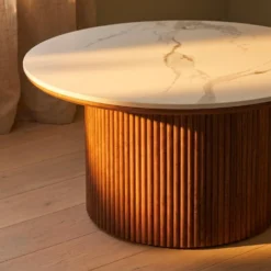 Table basse moderne ronde 80cm Eglantine Bois et Céramique Effet marbre Blanc