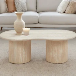 Table basse moderne 70x130cm avec pieds style colonnes Gwendoline Effet travertin Beige