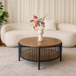 Table basse ronde avec rangement L84cm Curcuma Bois et Métal mareté Noir