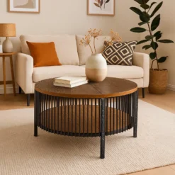Table basse ronde avec rangement L84cm Curcuma Bois et Métal mareté Noir