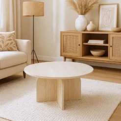 Table basse ronde élégante 80cm Calyptus Effet travertin Beige