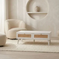 Table basse 2 tiroirs avec cannage Dalgora L120cm Blanc