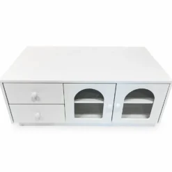 Table basse 60x100cm avec portes et tiroirs style naturel chic Volos Blanc texturé