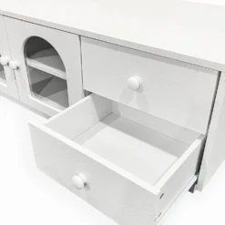 Table basse 60x100cm avec portes et tiroirs style naturel chic Volos Blanc texturé