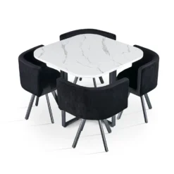 Table carrée 90cm avec 4 chaises gain de place Oslo Effet marbre blanc et Velours Noir