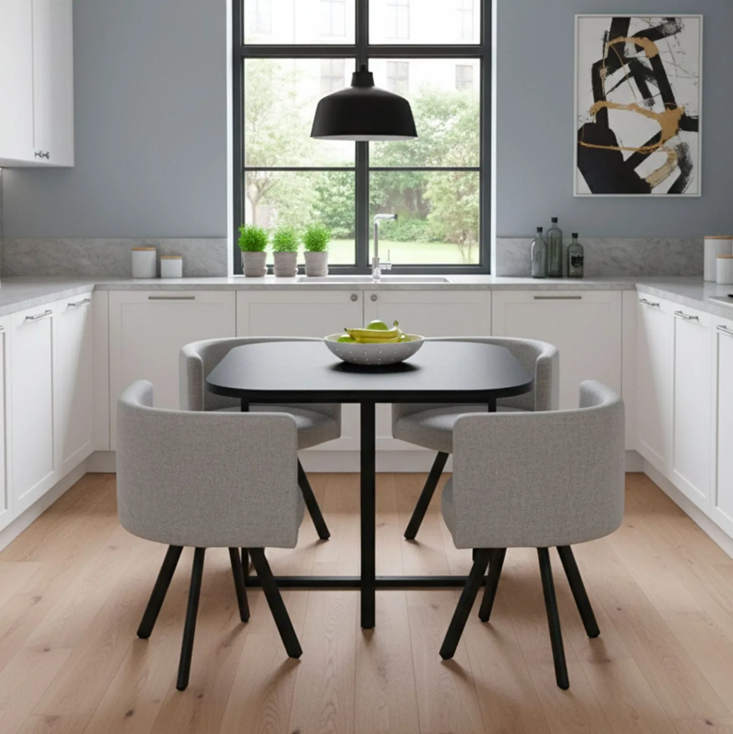 Table carrée 90cm avec 4 chaises gain de place Oslo Noir et Tissu Gris
